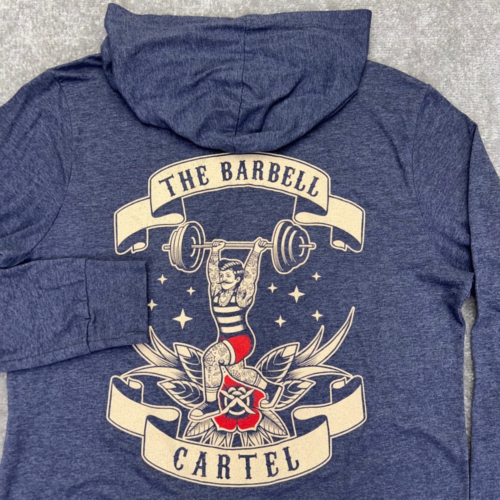 THE BARBELL CARTEL Men's Large Hooded T-Shirt Old School Strongman Graphic Blue